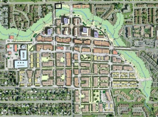 A concept drawing from the 2010 Aldergrove core plan. Bertrand Creek is an underused aesthetic resource. The museum, by the now-vanished railway line, is highlighted with a box at the top.