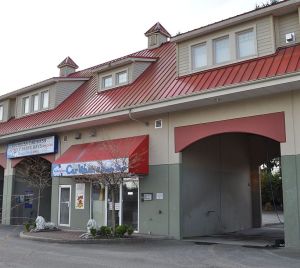 At the centre of Aldergrove village, a nicely-landscaped six-bay car wash with a storefront dog wash protected by decorative lions. There is housing above.