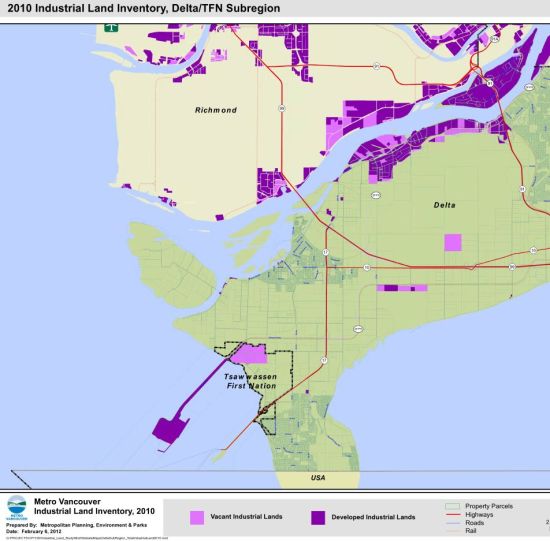 Vacant and developed industrial lands in Delta, south Richmond and Annacis Island, 2010. Delta Port, on the spit at the bottom, has grown out to its capacity, and there is no available land in the nearby municipality, but the Tsawwassen First Nation has created a significant industrial zone.