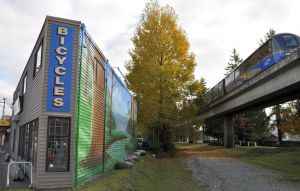A surviving pre-1950s structure at the southeast perimeter of Metrotown. The railbed below the Skytrain line formerly served the Ford aseembly plant and other vanished industry.