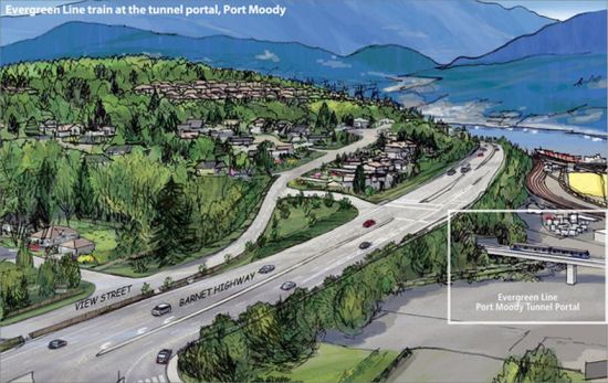 A provincial government depiction of the Evergreen Line emerging from under the Barnet Highway north of Clarke Road. It's the same area that's shown in the first drawing, minus the future property development that the City is imagining. 