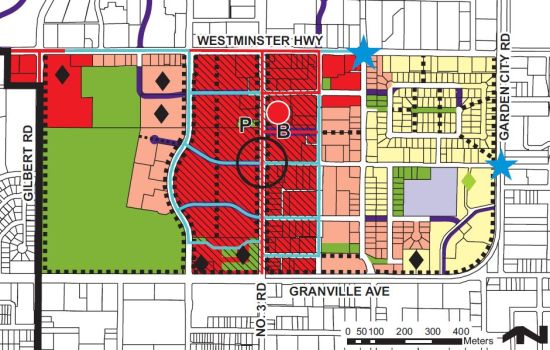 Land use map for Brighouse Village from the 2009 Richmond Central Area plan. The colours, from right to left, signify townhomes, dense mixed use, even more dense mixed use, and park. The diamonds mark institutional uses.