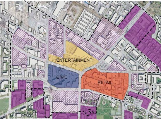 From the downtown plan; the crosshatched areas suggest redevelopment