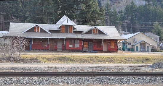 Abandoned Canadian National railway station, Boston Bar, with the community hall to the right