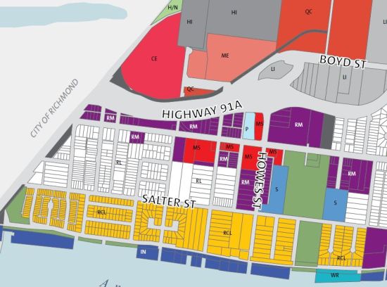 A detail from the new Queensborough plan. The yellow blocks are small-lot residential; 