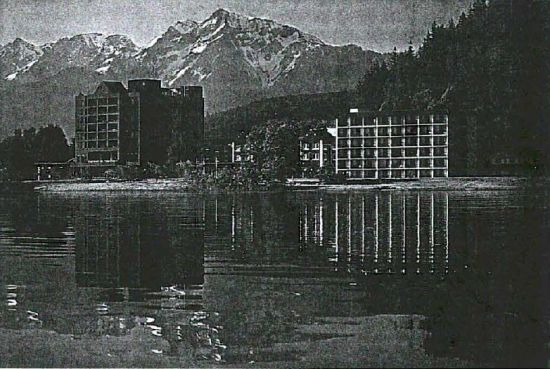 A rendering of the Harrison Hot Springs Hotel from the 1997 version of the village plan