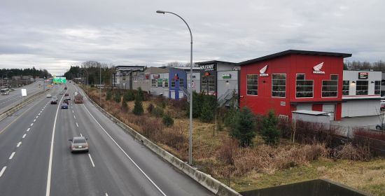 Commercial development, right, is surrounded by components of the 200th Street Interchange