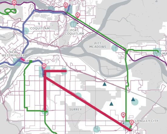 A detail from the main map in the 2014 mayors' plan. Elements here include new rapid transit in Surrey and Langley, and frequent bus service for Scott Road, Langley-to-Maple-Ridge, and Langley-to-Coquitlam.