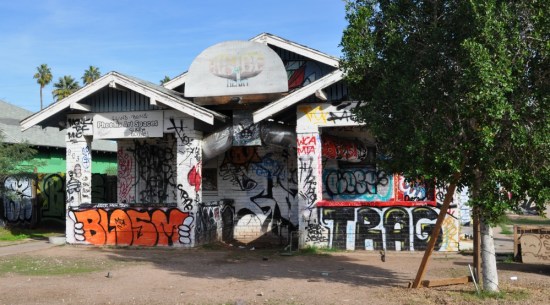 Holding for development: a former arts space at the corner of 4th St. and Garfield Ave. Just to the south are four vacant city blocks. 