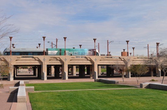 Central Ave. transit overhead with Frank Lloyd Wrightish flourishes, at Margaret T. Hance Park